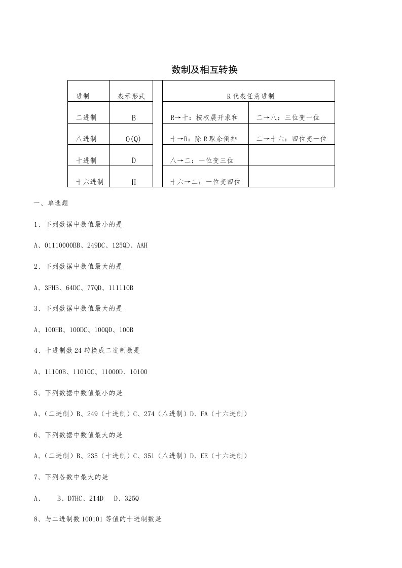 二进制十进制八进制十六进制转换练习题