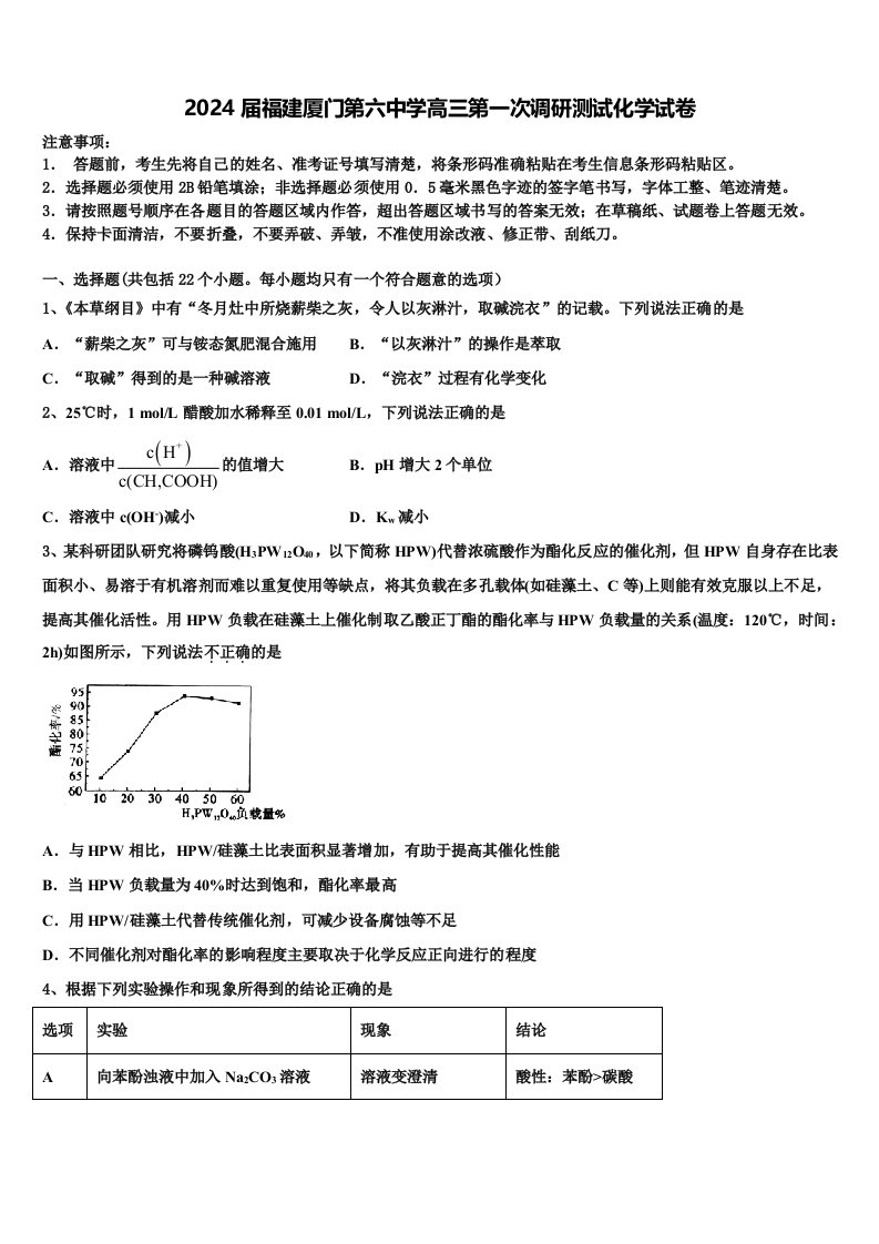 2024届福建厦门第六中学高三第一次调研测试化学试卷含解析