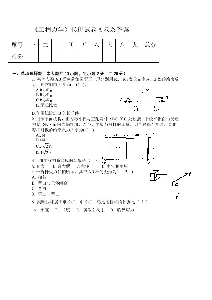 工程力学试卷及答案