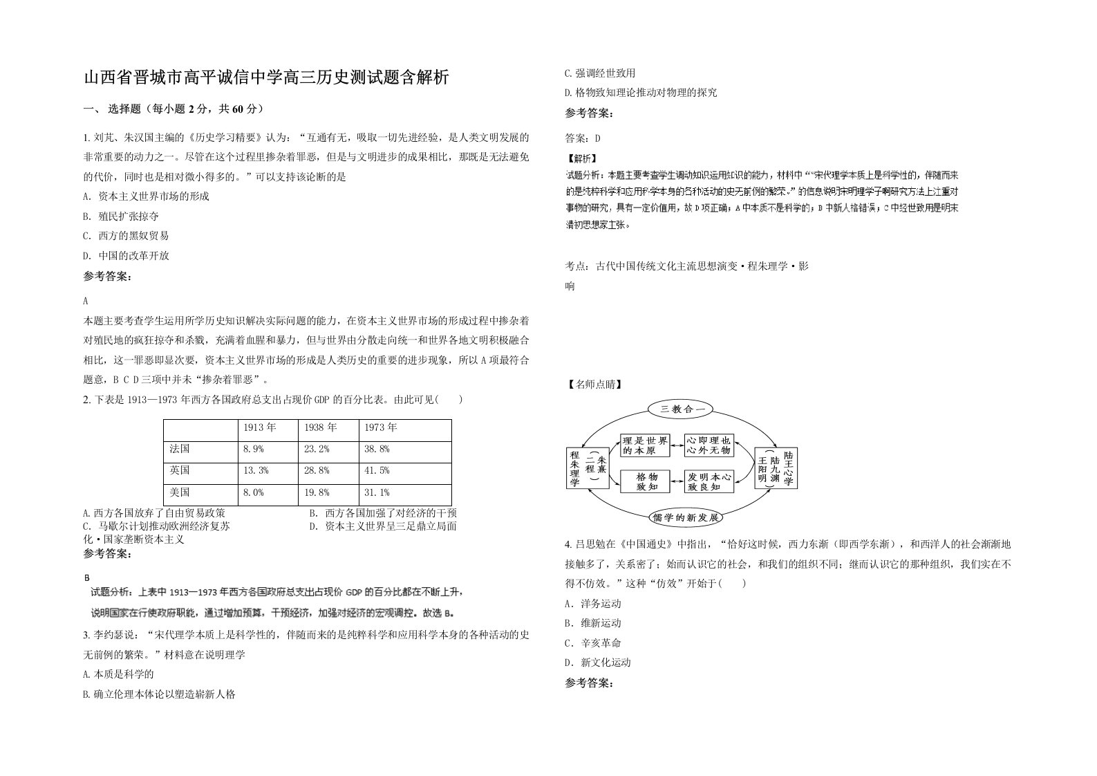 山西省晋城市高平诚信中学高三历史测试题含解析