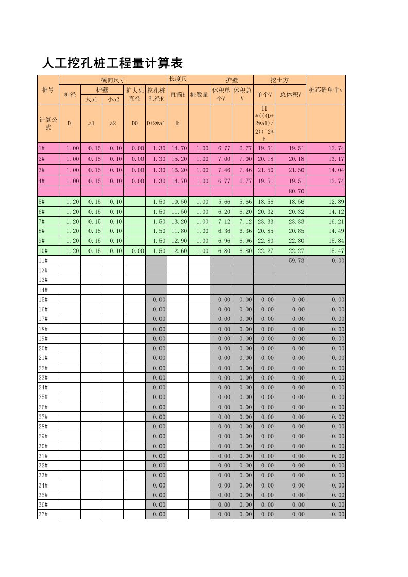 人工挖孔桩工程量计算表(EXCEL)