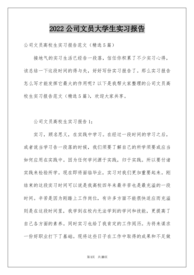 2022公司文员大学生实习报告