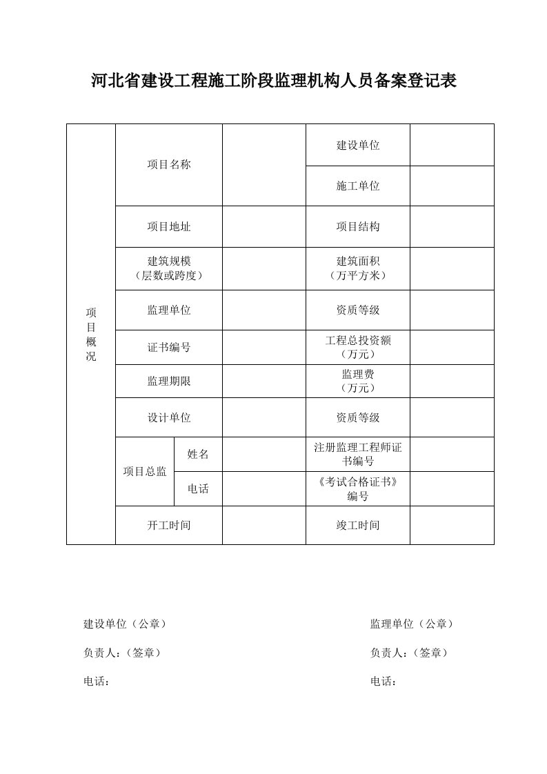 河北省建设工程施工阶段监理机构人员登记表