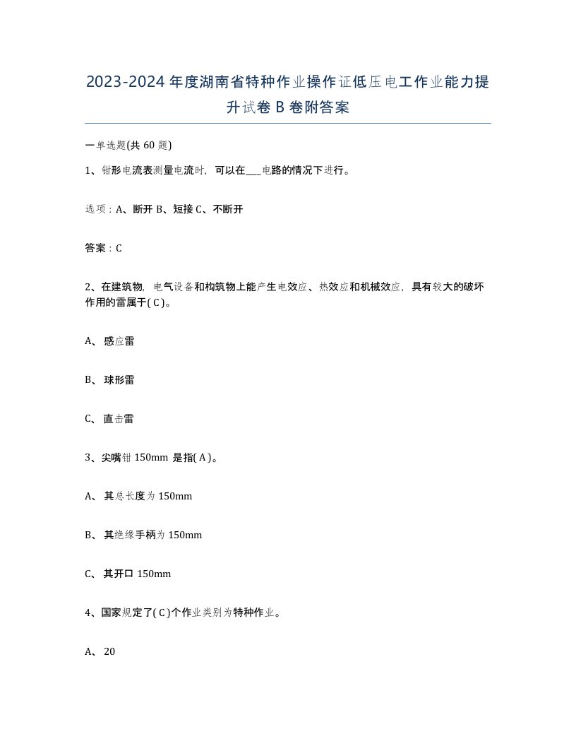 2023-2024年度湖南省特种作业操作证低压电工作业能力提升试卷B卷附答案