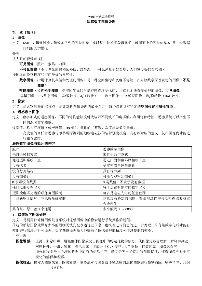 遥感数字图像处理重点整理