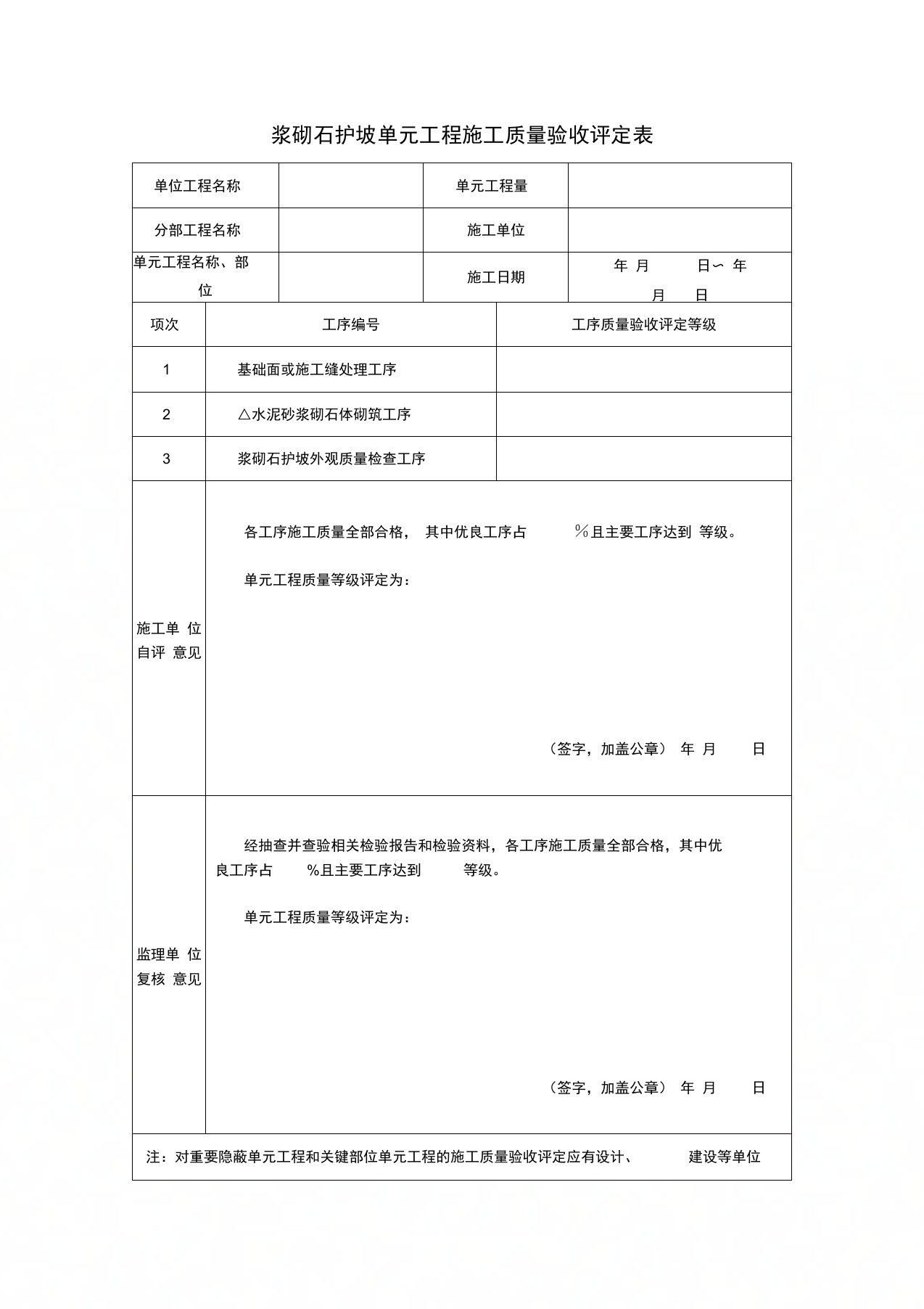 浆砌石护坡单元工程施工质量验收评定表