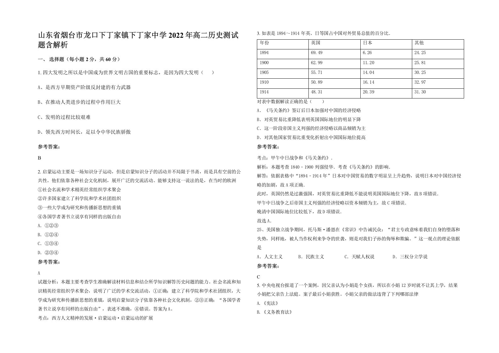 山东省烟台市龙口下丁家镇下丁家中学2022年高二历史测试题含解析