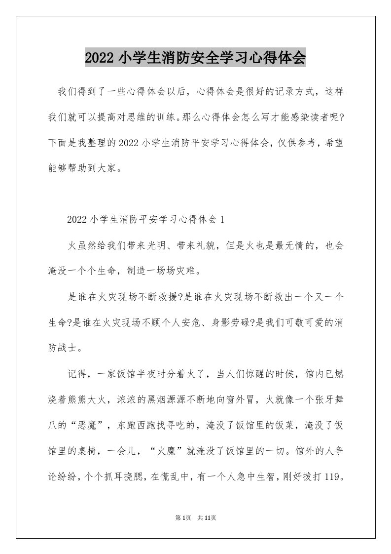 2022小学生消防安全学习心得体会