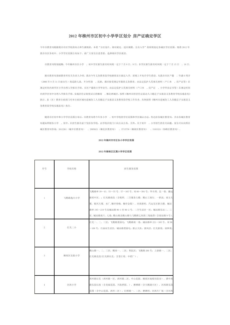 2012年柳州市区初中小学学区划分房产证确定学区