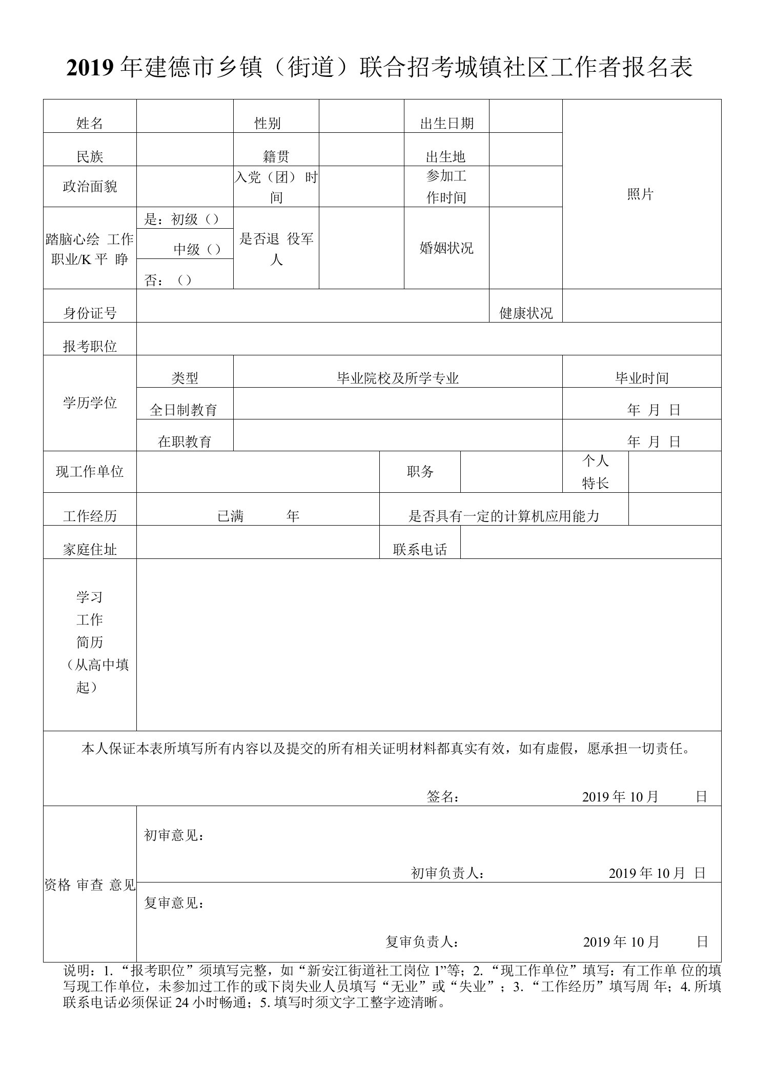 2019年建德市乡镇(街道)联合招考城镇社区工作者报名表