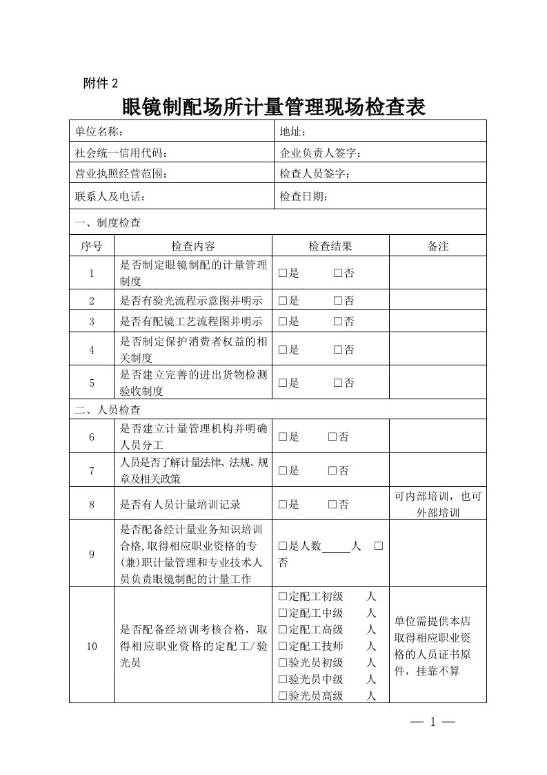 附件2-眼镜制配场所计量管理现场检查表