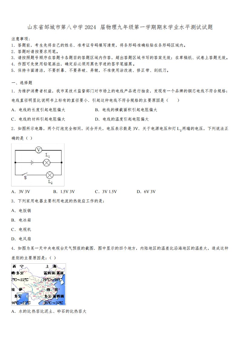 山东省邹城市第八中学2024届物理九年级第一学期期末学业水平测试试题含解析