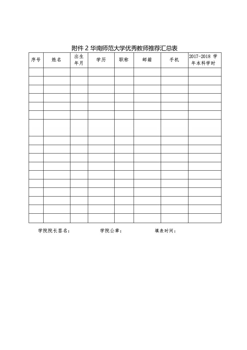 优秀教师推荐汇总表