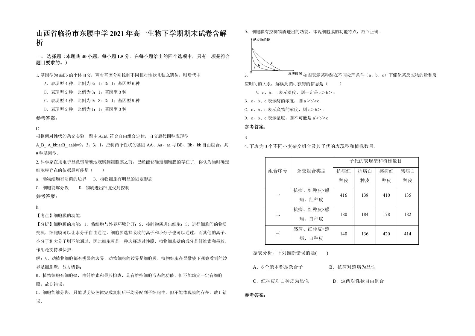 山西省临汾市东腰中学2021年高一生物下学期期末试卷含解析