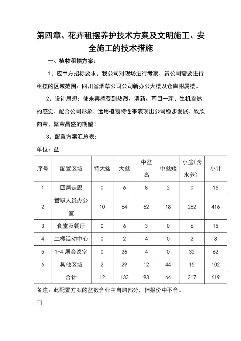 第四章、花卉租摆养护技术方案及文明施工、安全施工的技术措施