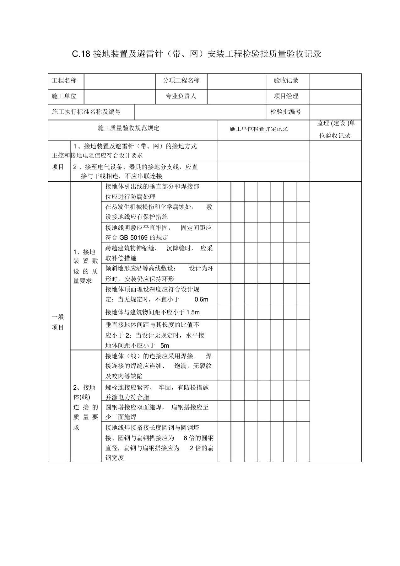 (c18)接地装置及避雷针(带网)安装工程检验批质量验收记录