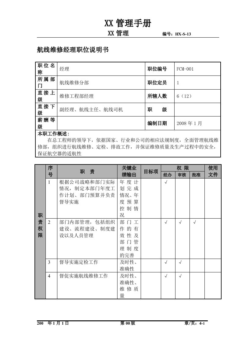 某航空物流公司航线维修经理职位说明书及关键绩效标准