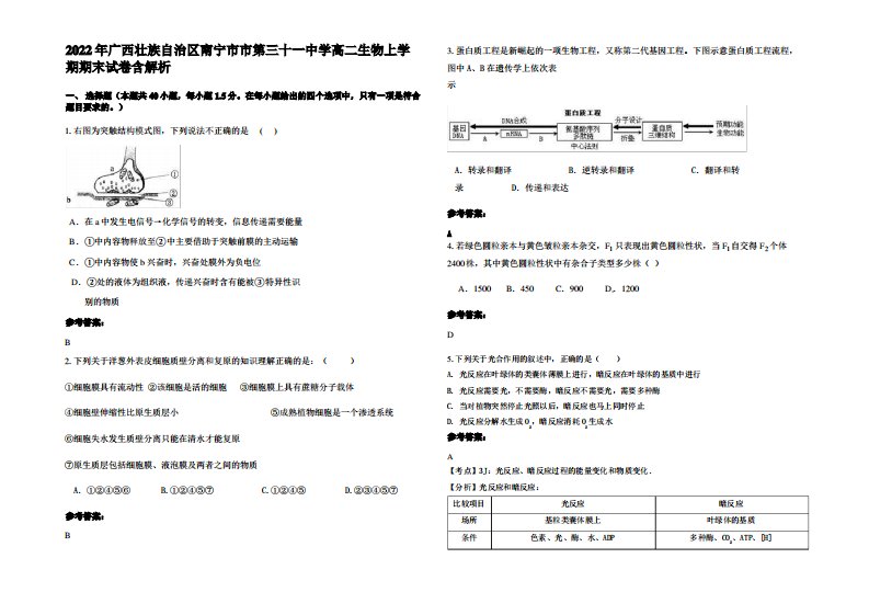 2022年广西壮族自治区南宁市市第三十一中学高二生物上学期期末试卷含解析