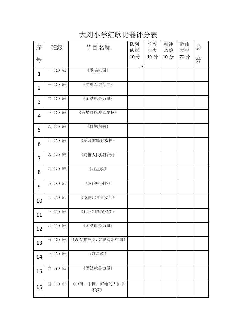 小学生红歌比赛评分表