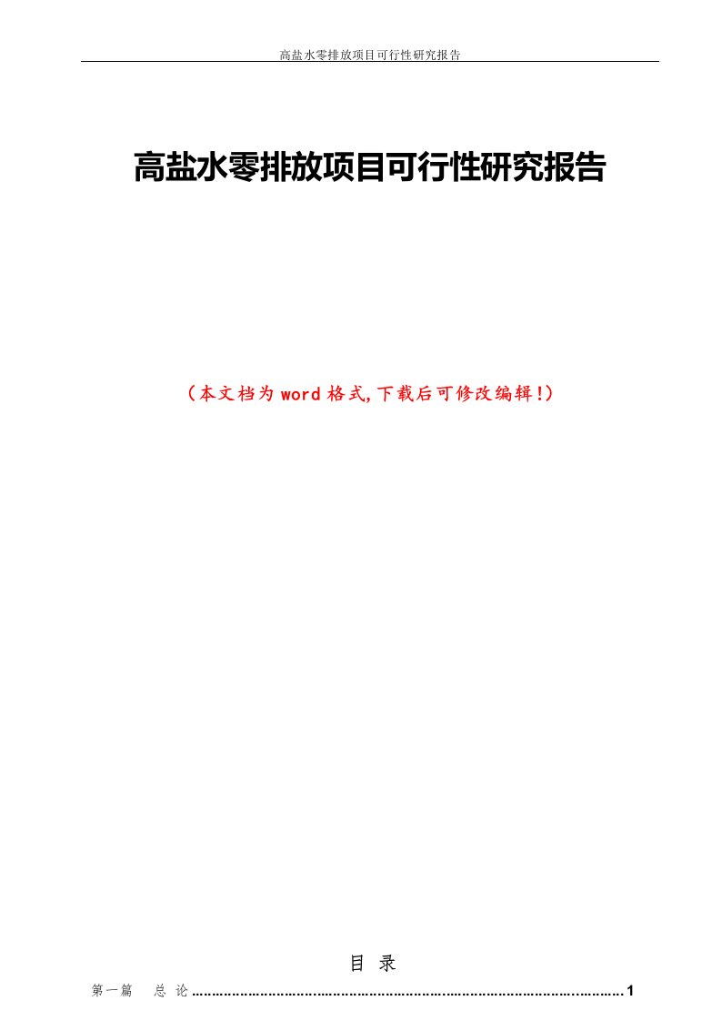 高盐水零排放项目可行性研究报告