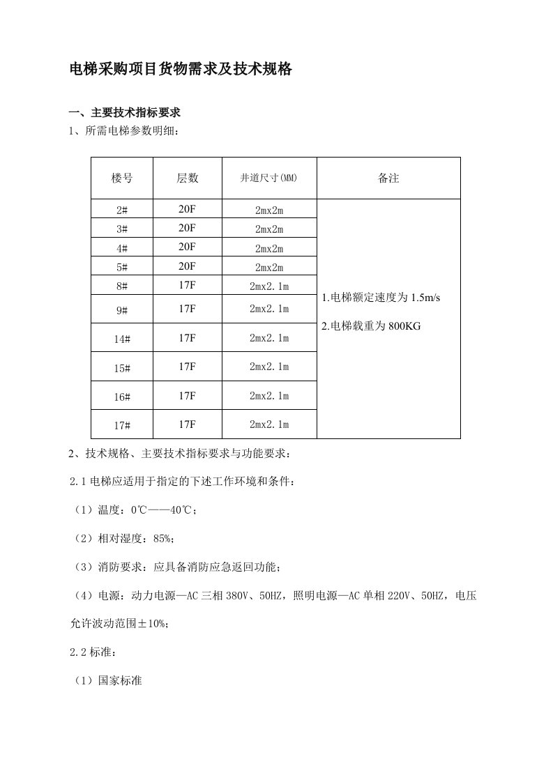 电梯采购项目货物需求及技术规格