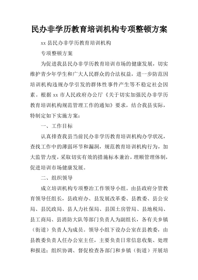 民办非学历教育培训机构专项整顿方案