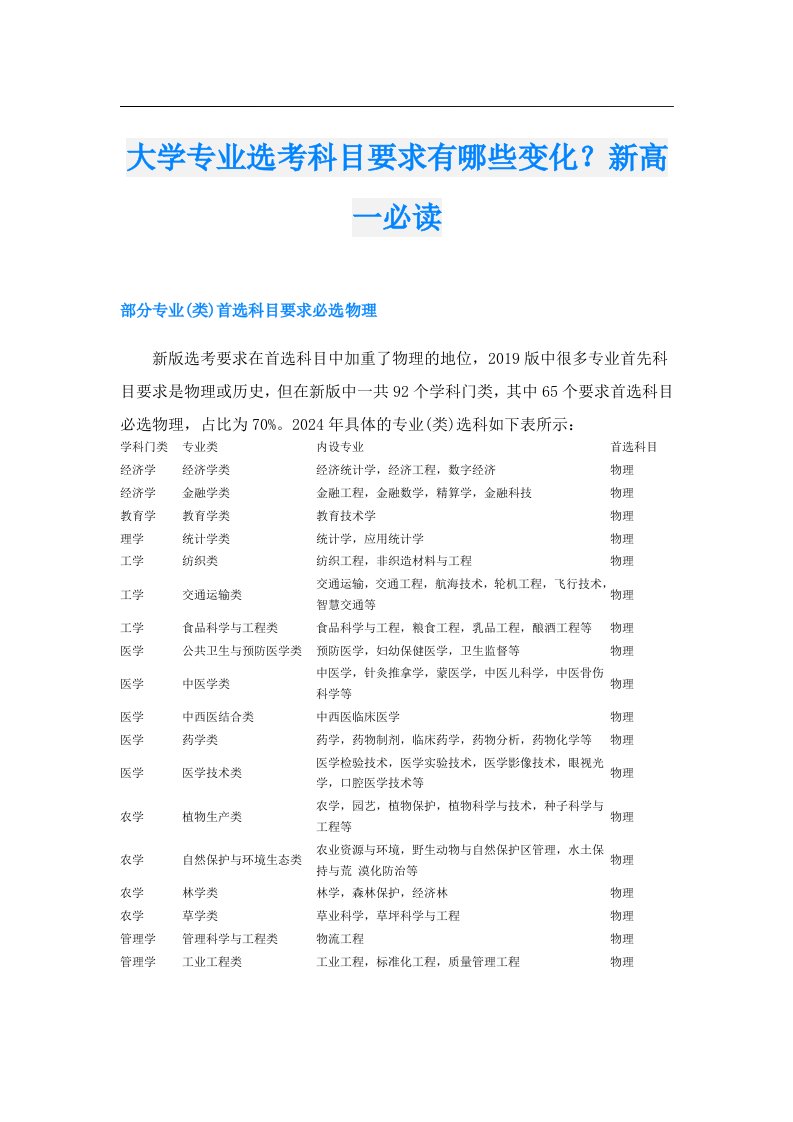 大学专业选考科目要求有哪些变化？新高一必读