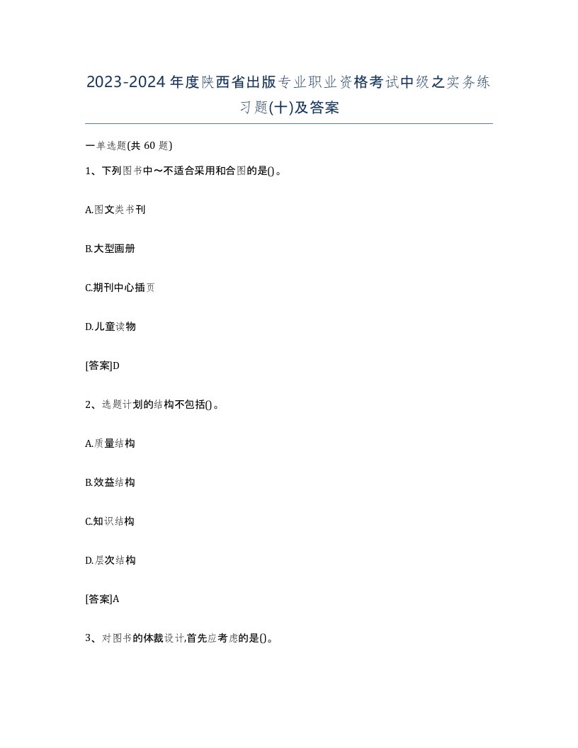 2023-2024年度陕西省出版专业职业资格考试中级之实务练习题十及答案