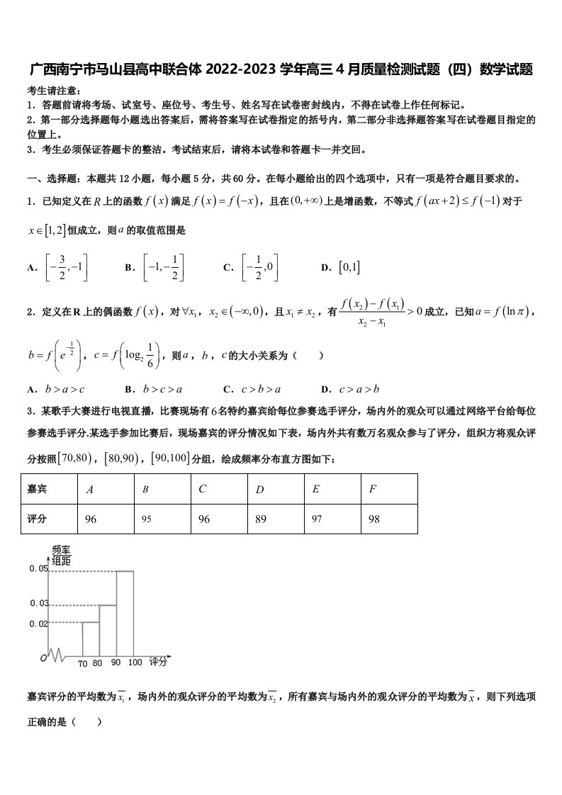 广西南宁市马山县高中联合体2022-2023学年高三4月质量检测试题（四）数学试题