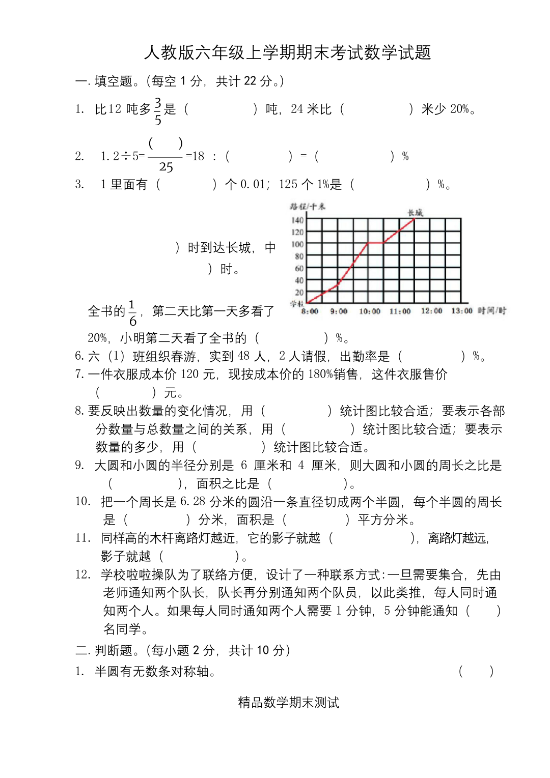 六年级上册数学期末测试题附答案