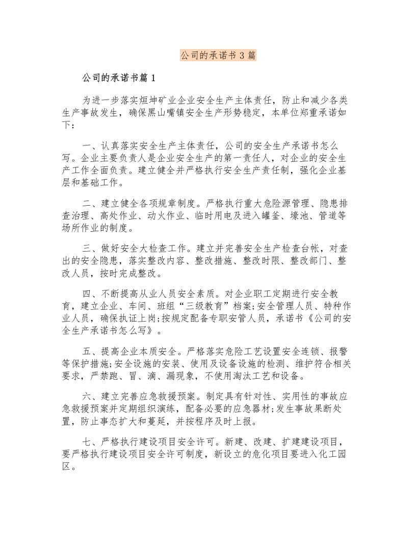 公司的承诺书3篇