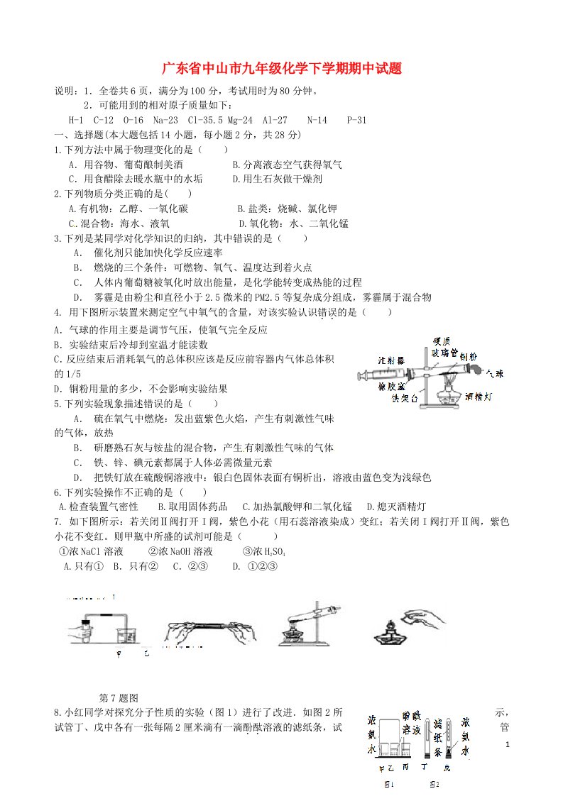 广东省中山市九级化学下学期期中试题