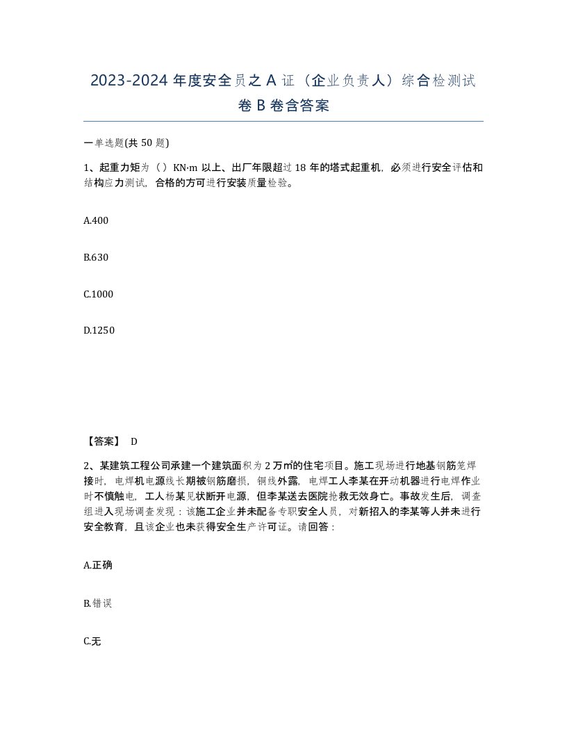 20232024年度安全员之A证企业负责人综合检测试卷B卷含答案