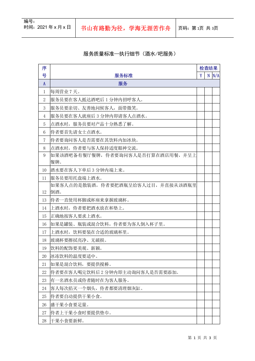 酒水酒吧服务质量检查表