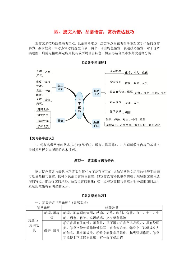 2025版新教材高考语文全程一轮总复习第二部分现代文阅读专题二现代文阅读Ⅱ文学类文本阅读复习任务群二散文阅读学案二题型透析四披文入情品味语言赏析表达技巧