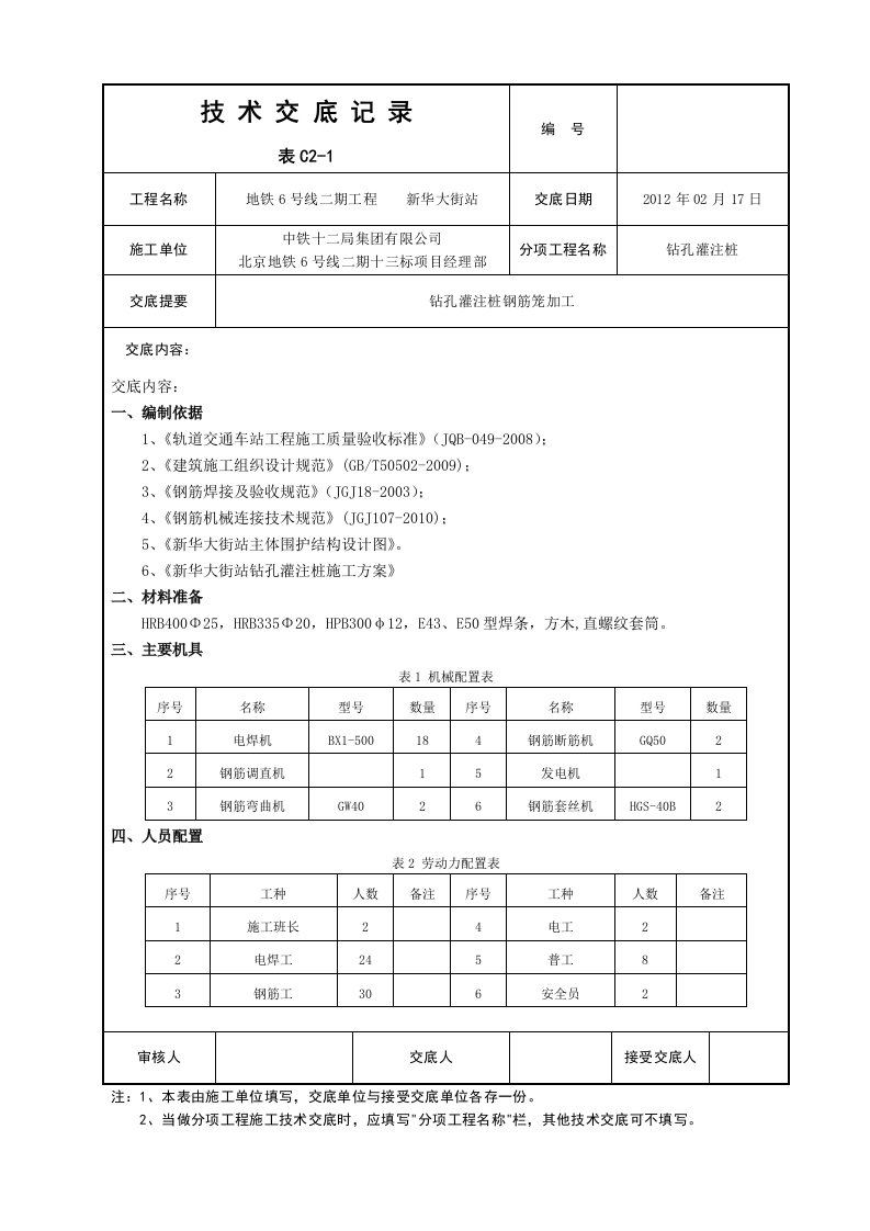 钻孔灌注桩钢筋笼加工技术交底