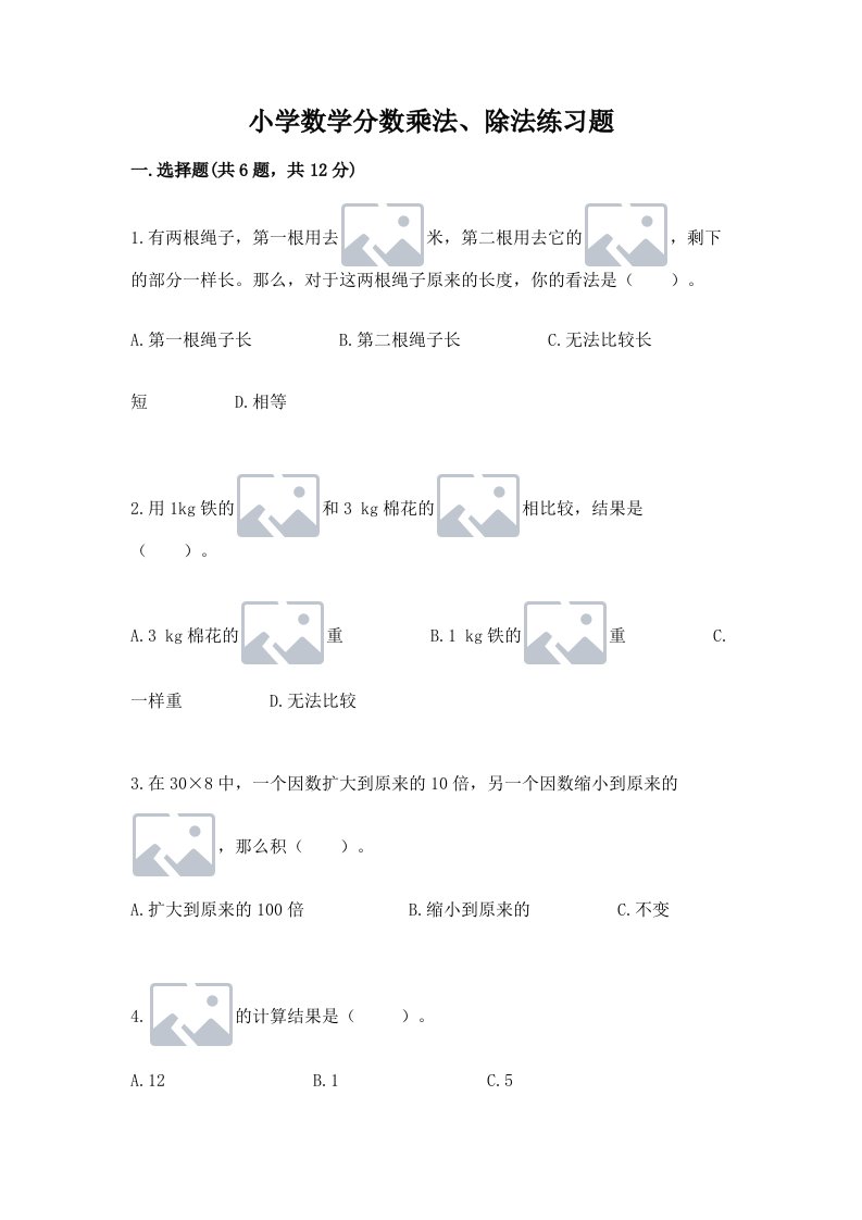 小学数学分数乘法、除法练习题及完整答案【各地真题】