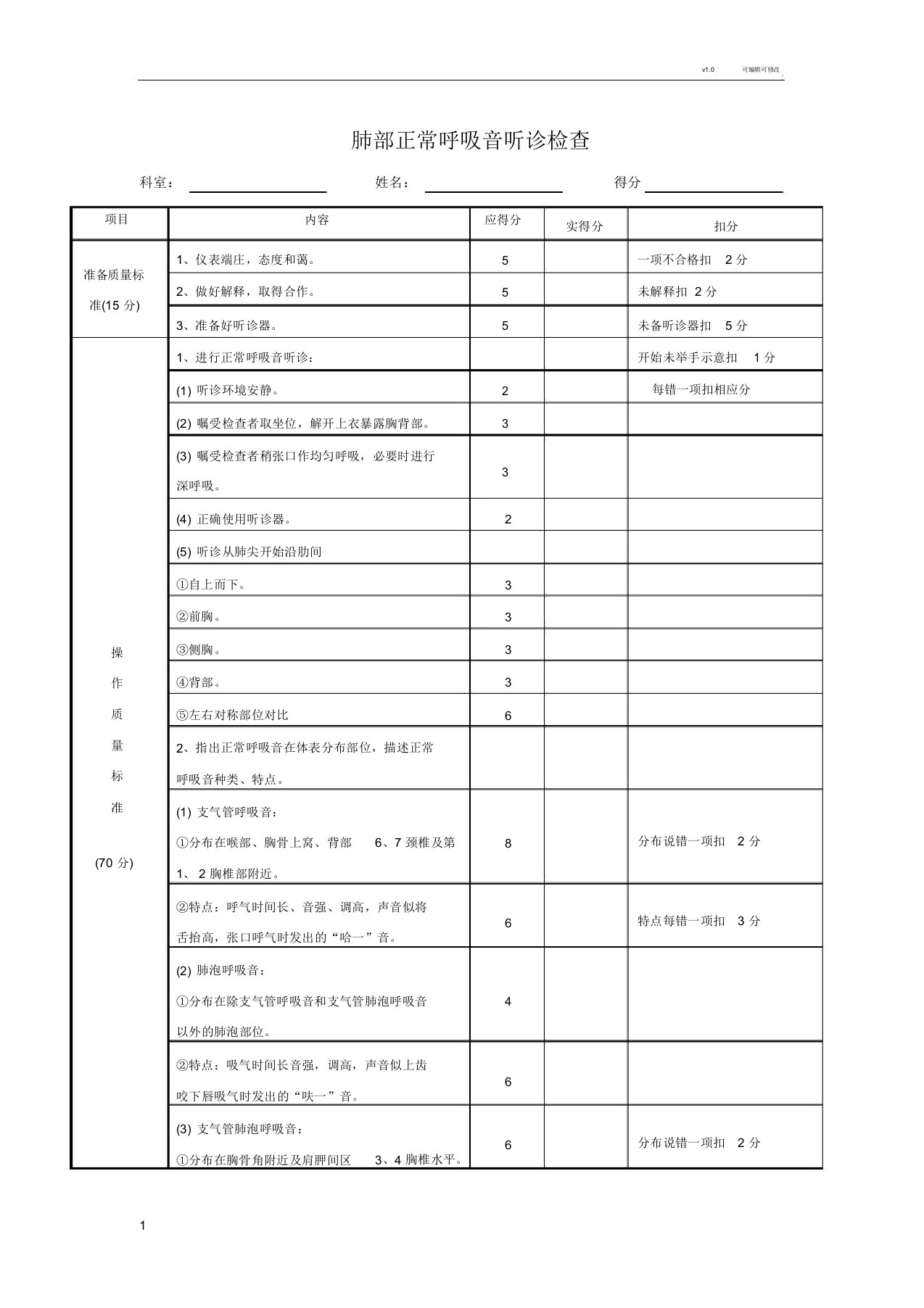 肺部听诊操作规范与评分标准