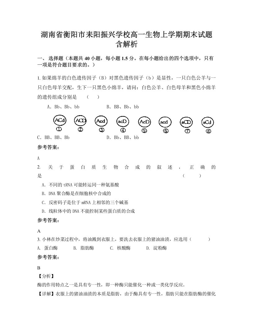 湖南省衡阳市耒阳振兴学校高一生物上学期期末试题含解析