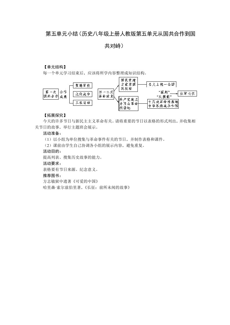 第五单元小结历史八年级上册人教版第五单元从国共合作到国共对峙