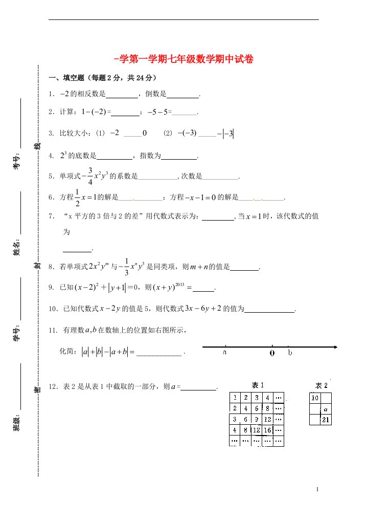 江苏省镇江市市区部分学校七级数学上学期期中联考试题