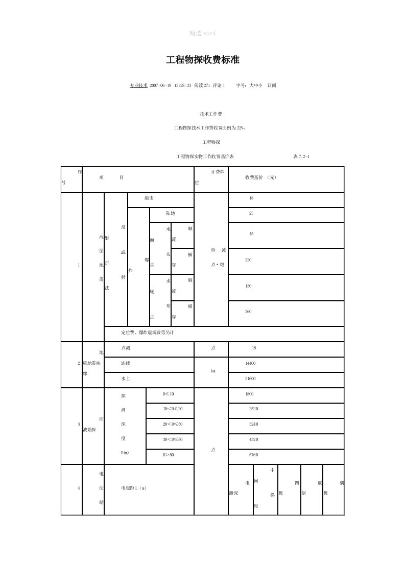 最新工程物探收费标准