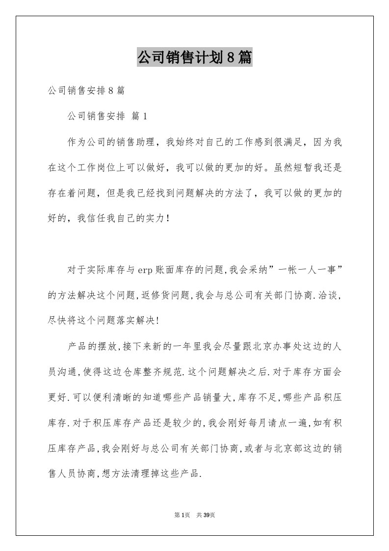 公司销售计划8篇例文