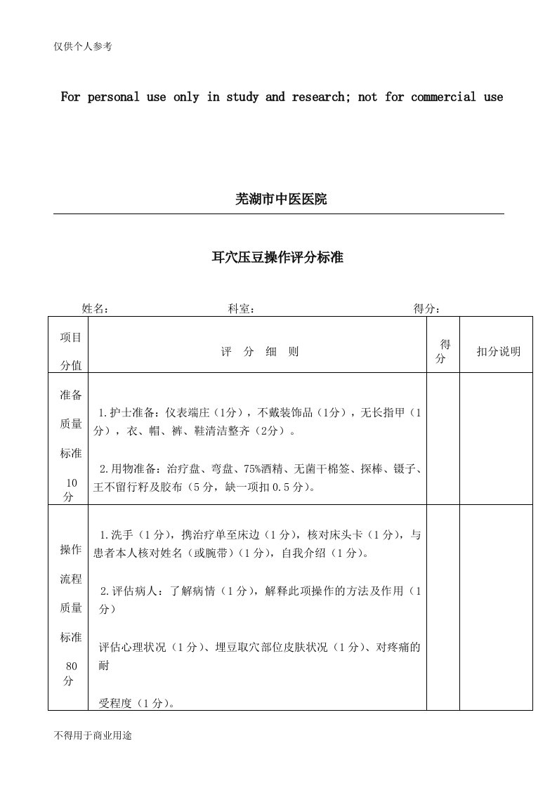 耳穴压豆操作流程及评分标准