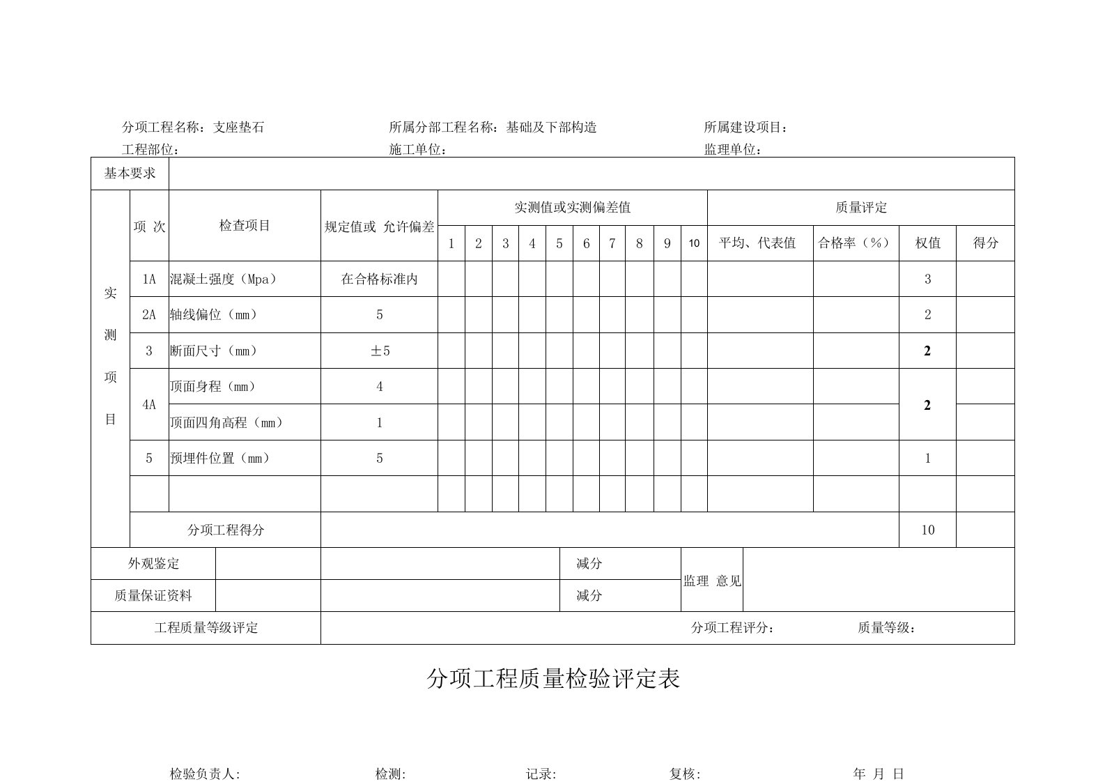 分项工程质量检验评定表-支座垫石