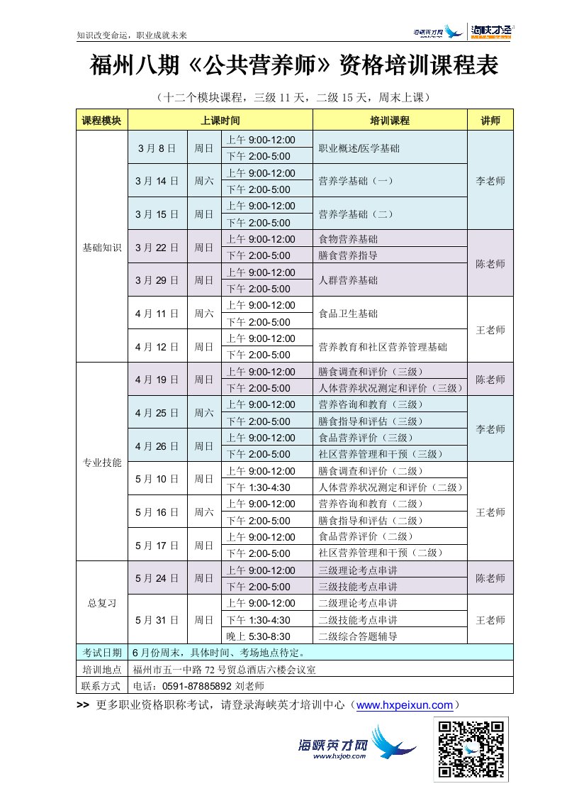 福州八期《公共营养师》资格培训课程表.doc