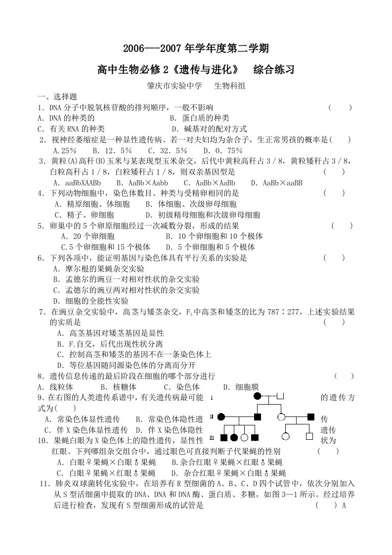 人教版试题试卷高中生物必修2《遗传与进化》综合练习下学期