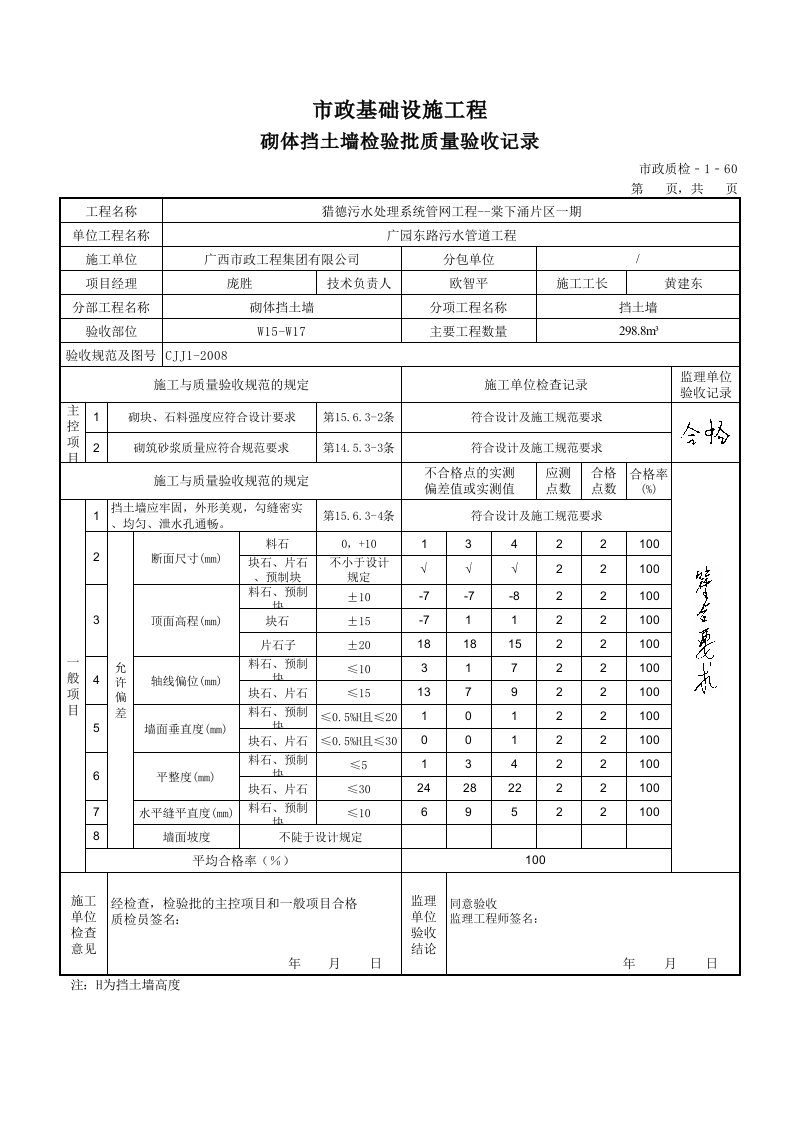 砌体挡土墙检验批质量验收记录表[1]