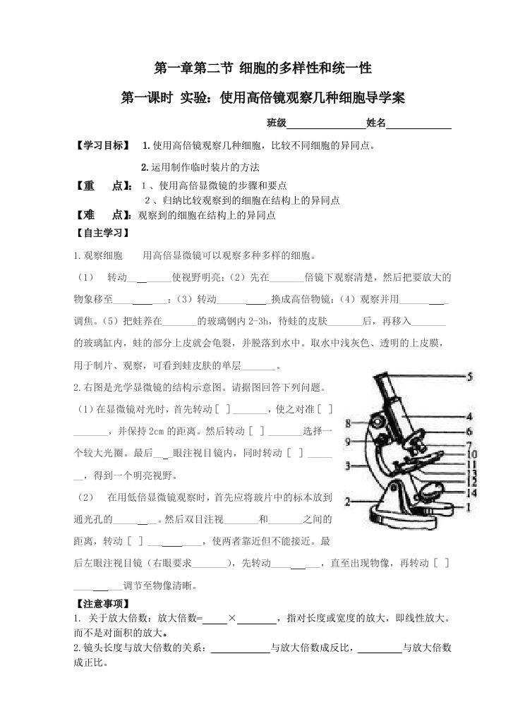 使用显微镜观察几种细胞导学案