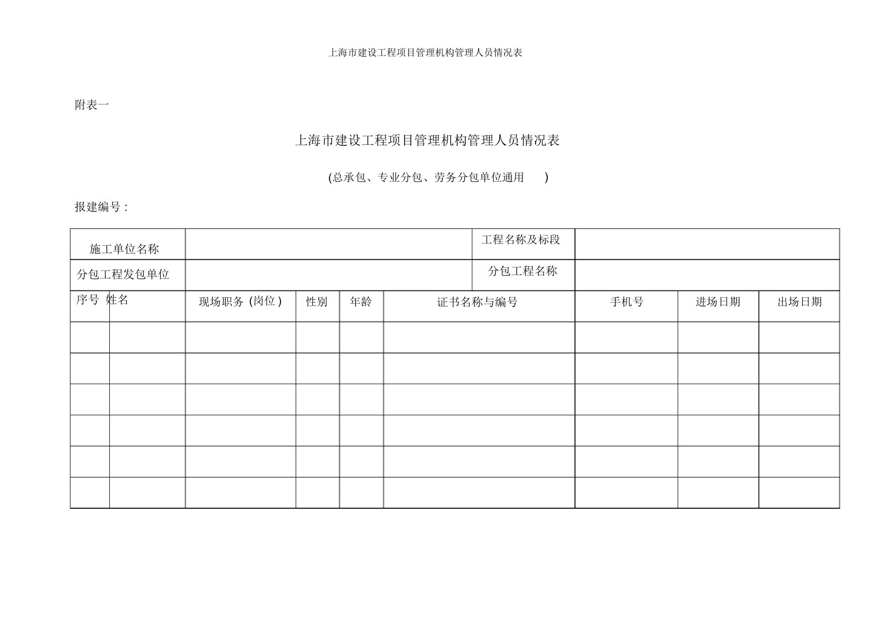 上海市建设工程项目管理机构管理人员情况表